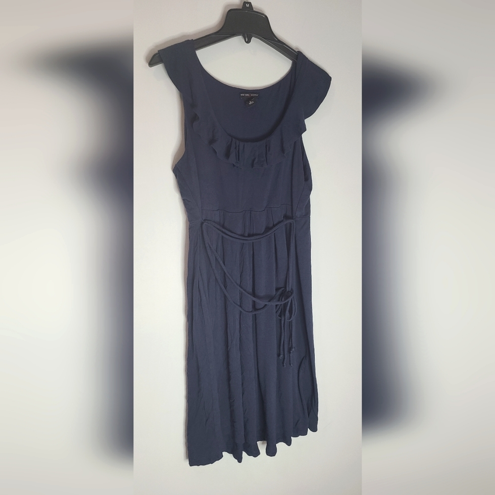 NY&C Navy Blue Ruffle Sleeveless Belted  Dress Large